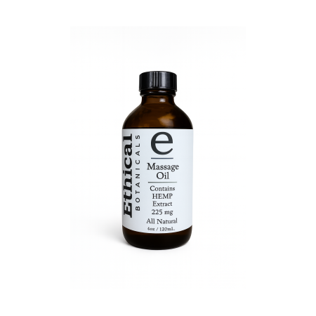 Ethical Botanicals CBD Massage Oil Canada – 4oz bottle with 225mg hemp-derived CBD, natural massage oil with sunflower, coconut, jojoba, and aloe oils.
